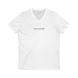 A white Circle of Chi Short Sleeve V-Neck Tee with the text "love yourself" printed in small, lowercase letters on the front.